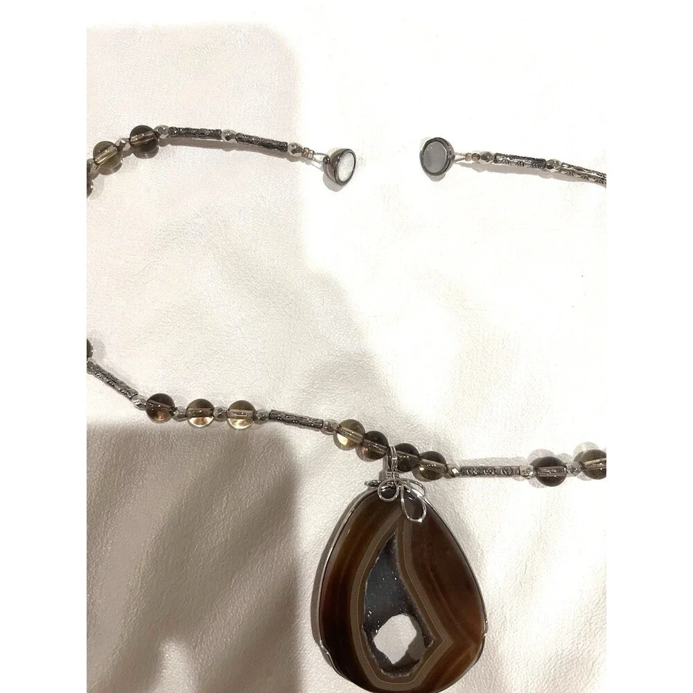 Banded Brown Agate Silver Pendant Choker Necklace 17